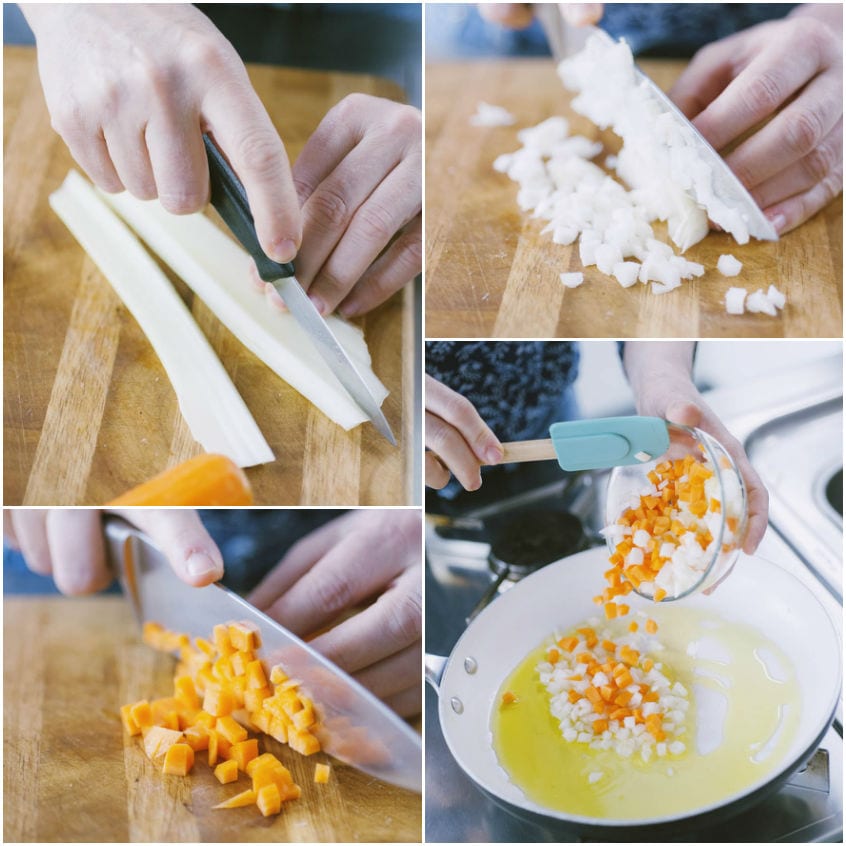Sedano, cipolla e carota tritati a cubetti vengono versati in padella con olio caldo