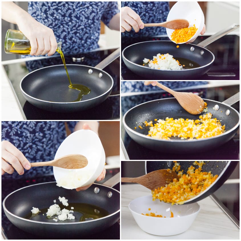 Soffritto di cipolla e carota tritata rosolato in padella con olio, poi trasferito in una ciotola
