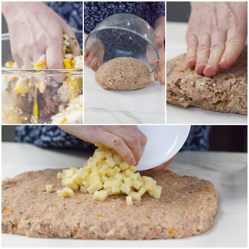 Impasto di carne steso e farcito con cubetti di formaggio al centro