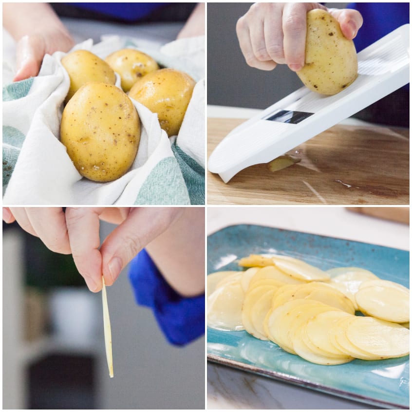 Patate intere asciugate, affettate sottilmente con la mandolina e disposte a ventaglio