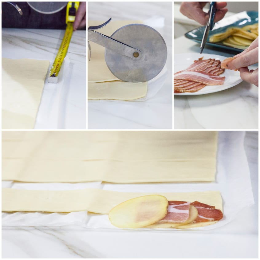 Strisce di pasta sfoglia tagliate e farcite con fettine di patata e bacon