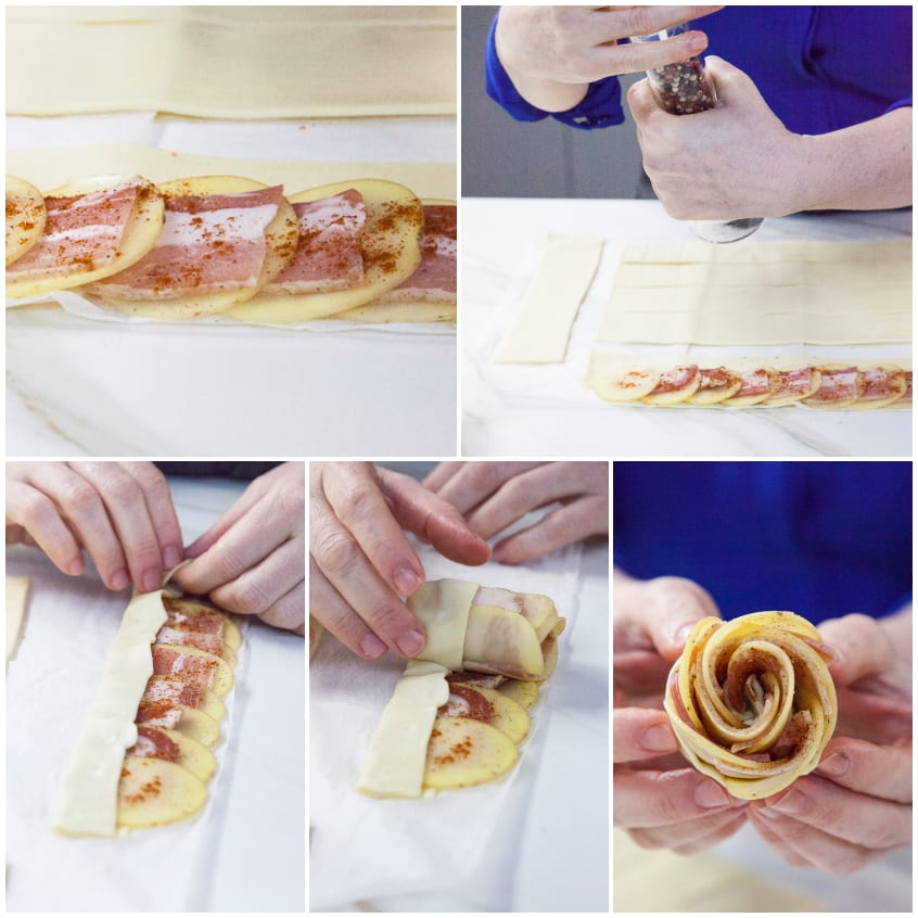 Striscia di sfoglia con fette di patata e pancetta arrotolata a formare una rosellina