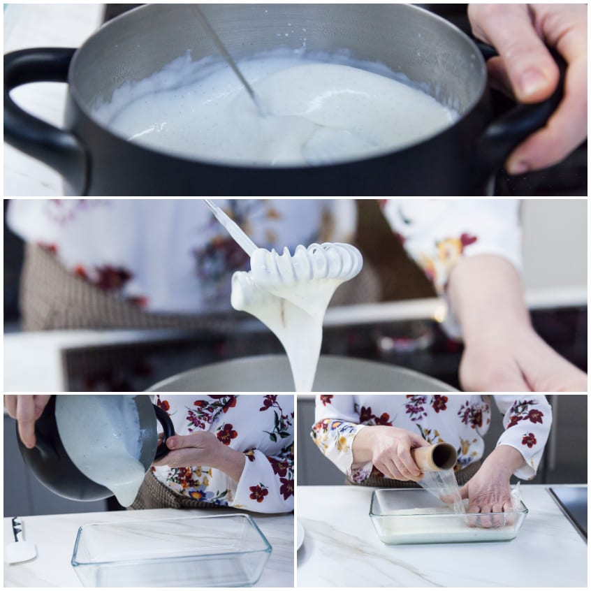 Crema al latte versata in pirofila e coperta con pellicola a contatto