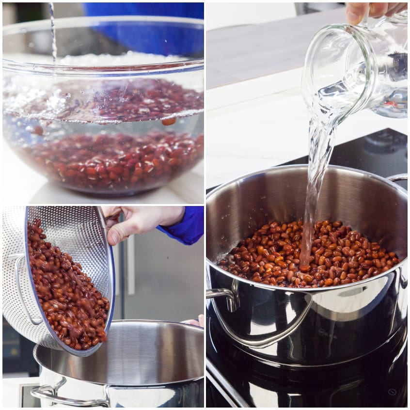 Fagioli rossi ammollati in acqua, scolati e trasferiti in pentola con acqua fresca