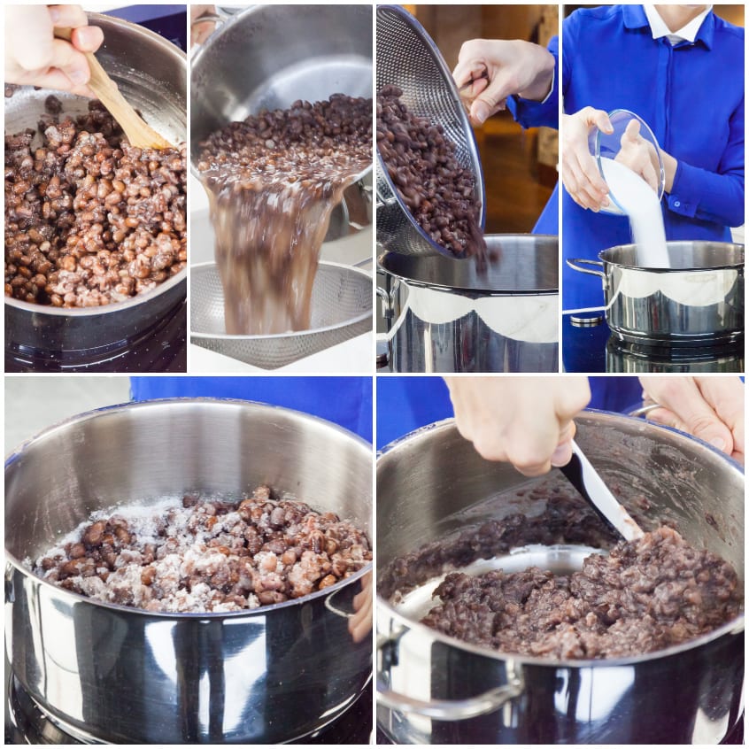 Fagioli azuki scolati e rimessi in pentola con zucchero, mescolati fino a ottenere una crema densa