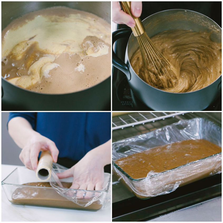 Crema pasticcera al caffè addensata in pentola, poi versata in pirofila e coperta con pellicola a contatto