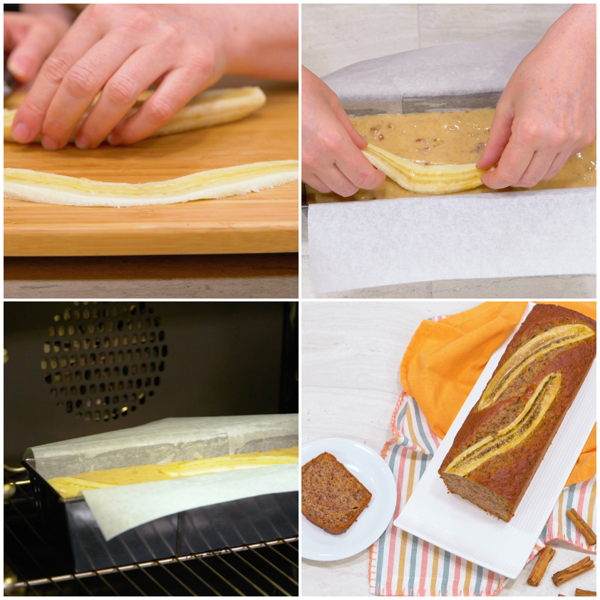 Fette di banana disposte sull'impasto prima di infornare il banana bread dorato