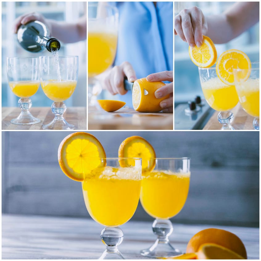 Mimosa cocktail con succo d'arancia e spumante, decorato con fette d'arancia sul bordo