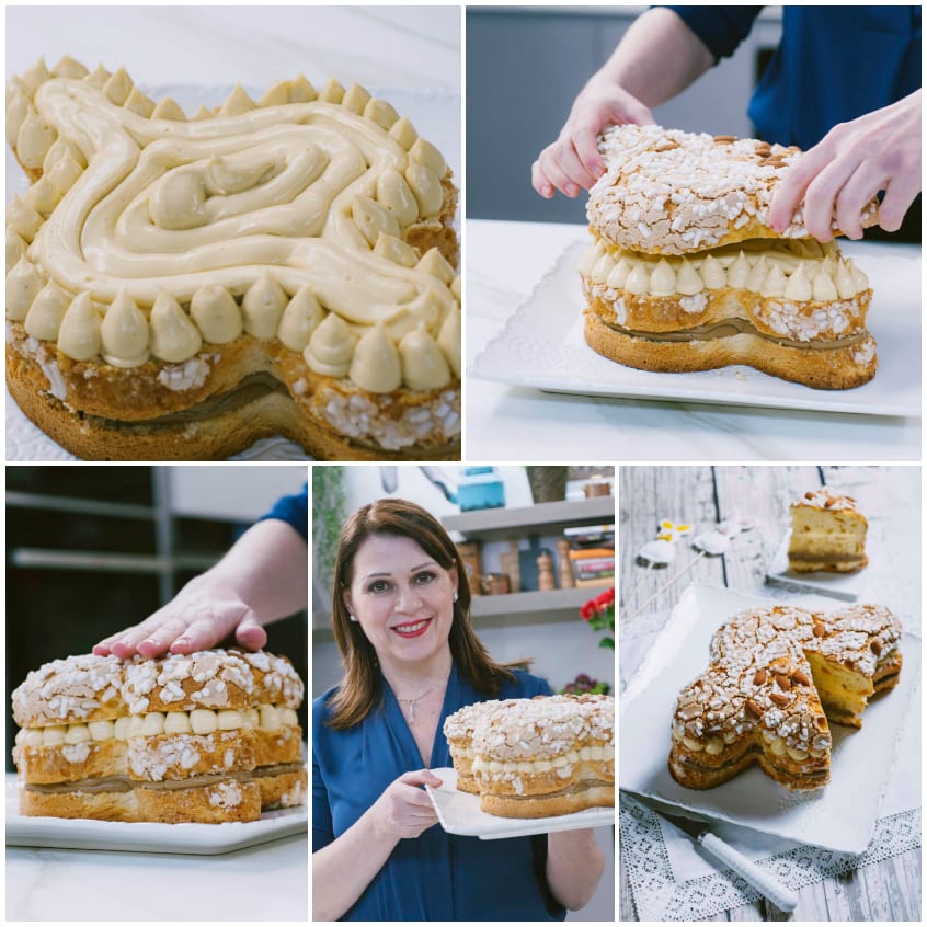 Colomba farcita assemblata con crema a strati e copertura di mandorle granella