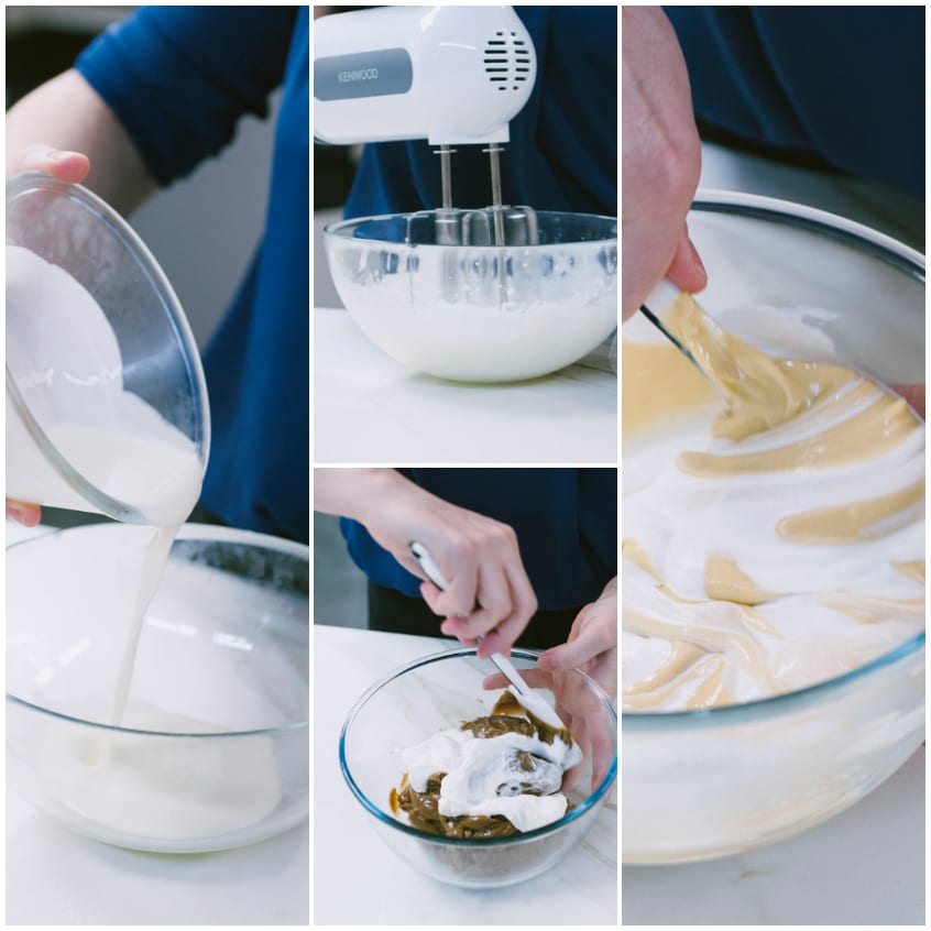 Panna semi-montata incorporata a mano nella crema al caffè per la farcitura della colomba