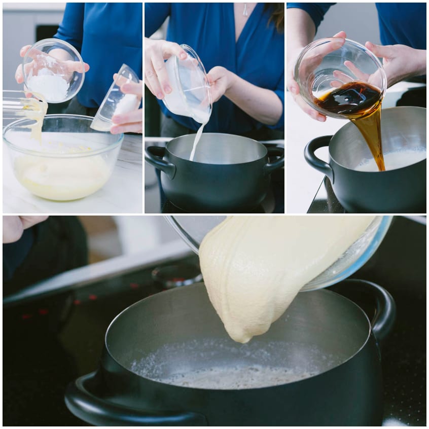 Composto di uova versato nel latte e Marsala caldi per preparare la crema zabaione