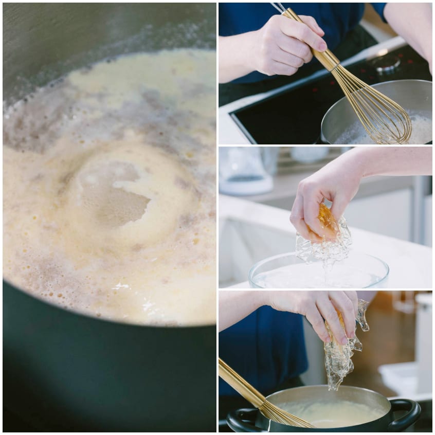 Crema zabaione che bolle al centro mentre si aggiunge la gelatina ammollata e strizzata