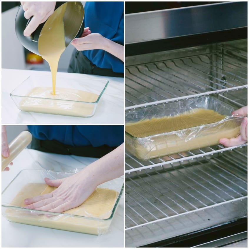 Crema zabaione versata in pirofila, coperta con pellicola a contatto e riposta in frigorifero