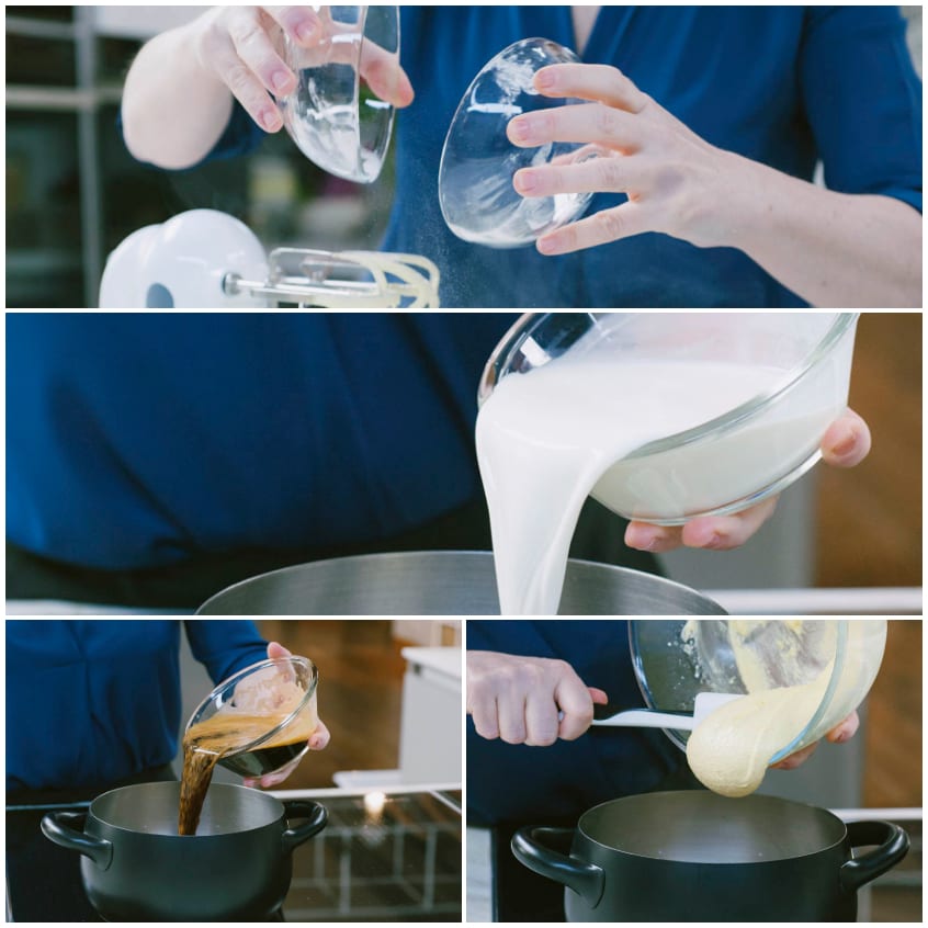 Preparazione della crema al caffè: panna versata in pentola, caffè aggiunto e composto di uova trasferito nei liquidi caldi