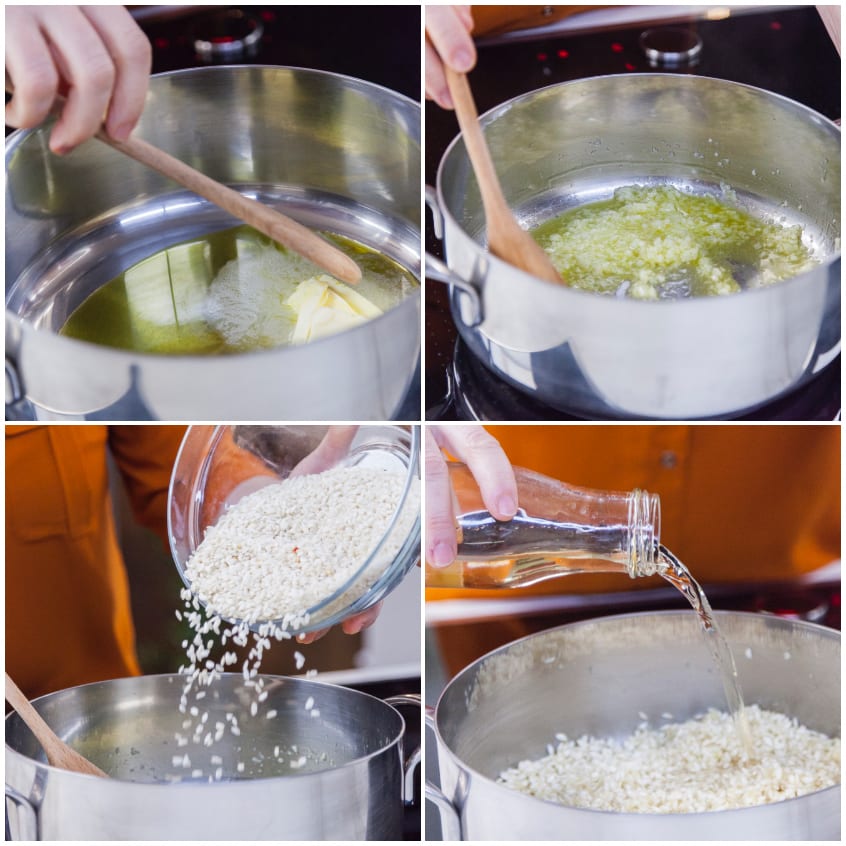Quattro fasi del risotto: burro che fonde, cipolla che appassisce, riso versato e sfumatura con vino bianco