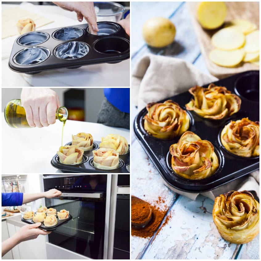 Roselline di patate a forma di rosa dorate in stampo da muffin, pronte dopo la cottura in forno