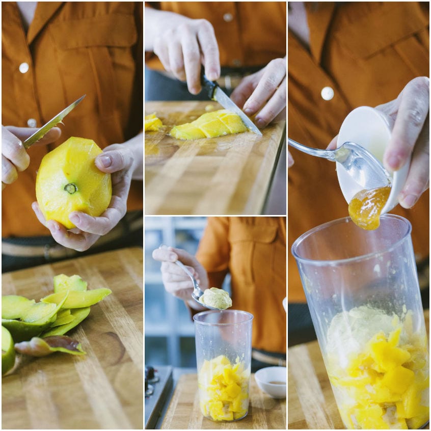 Mango sbucciato, tagliato a dadini e trasferito nel bicchiere del frullatore con senape e miele