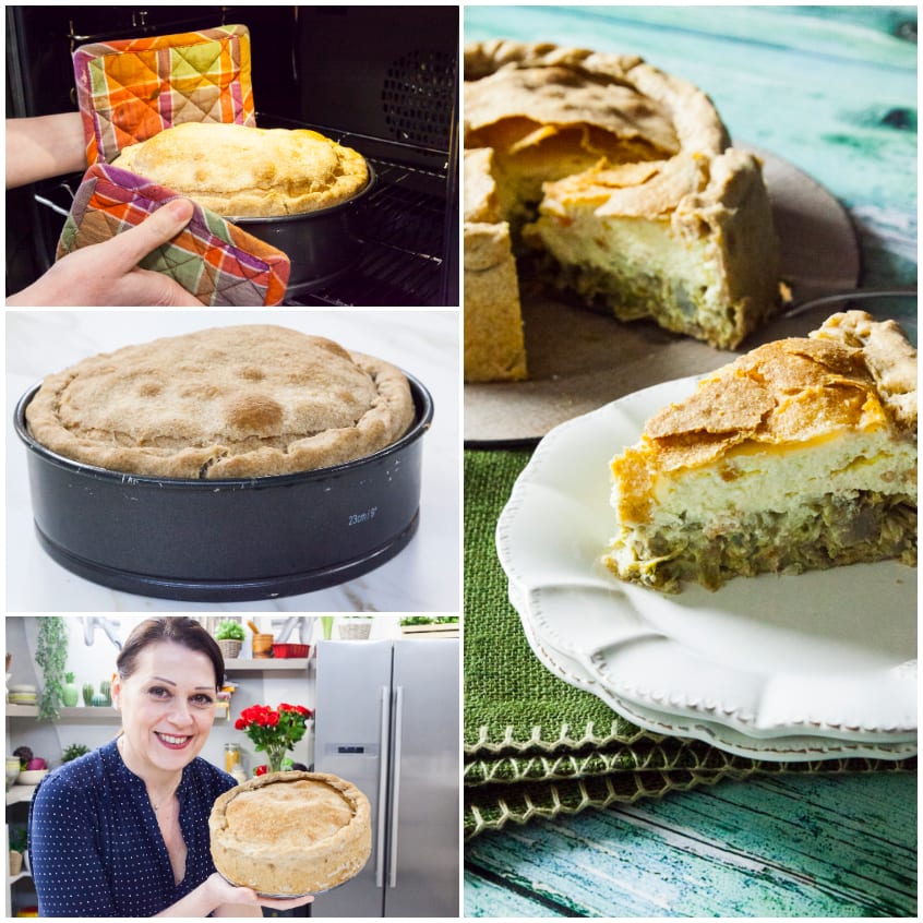 Torta pasqualina appena sfornata, con crosta dorata, sformata dallo stampo e tagliata a fette