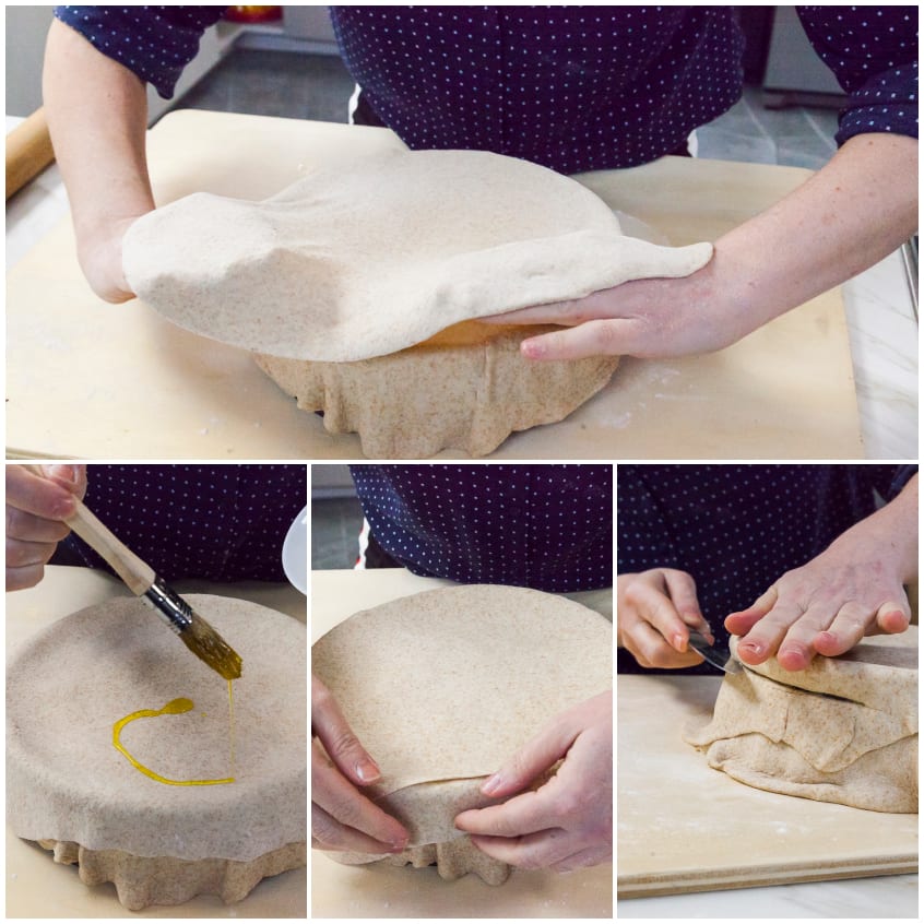 Sfoglie di pasta sovrapposte sullo stampo, pennellate d'olio e rifilate ai bordi per la torta pasqualina