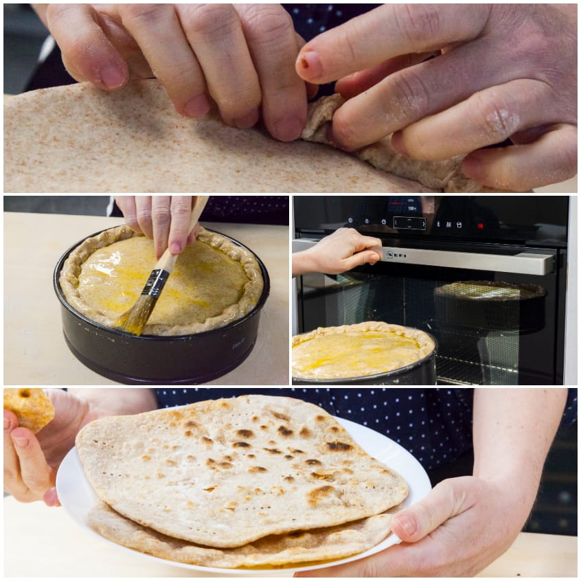 Sigillatura del bordo, spennellatura con olio e cottura in forno della torta pasqualina con piadine di pasta avanzata
