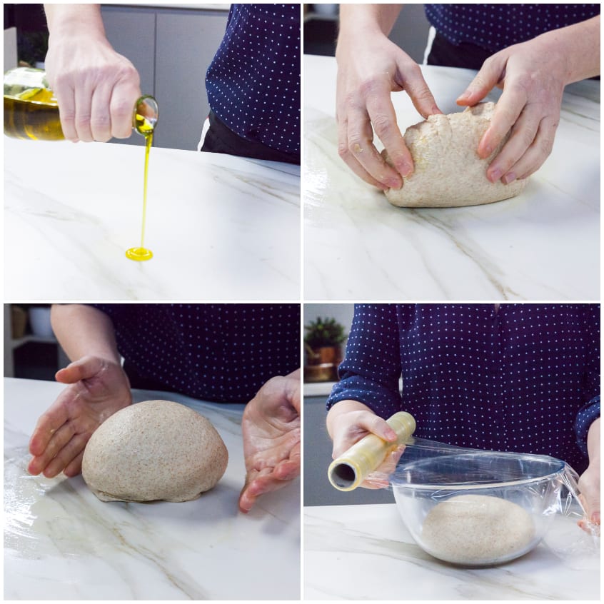 Olio versato sul piano, impasto lavorato a palla e riposto in ciotola coperta con pellicola