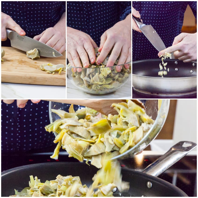Carciofi tagliati a spicchi versati in padella con aglio soffritto per la torta pasqualina