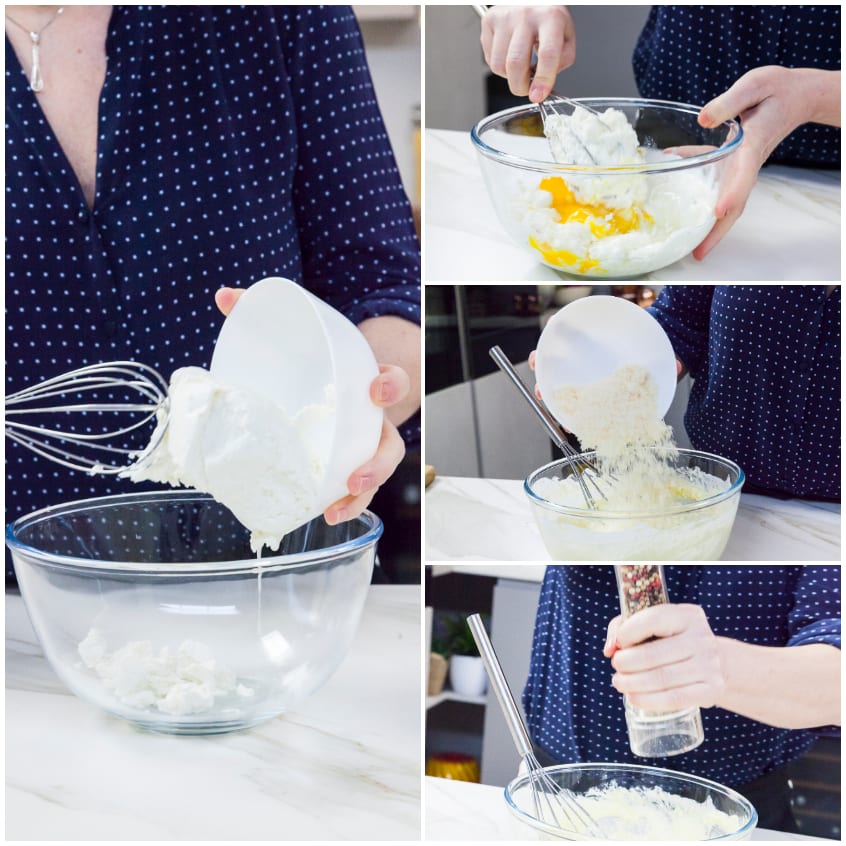 Ricotta versata in ciotola e mescolata con uova, formaggio grattugiato e pepe per la farcitura
