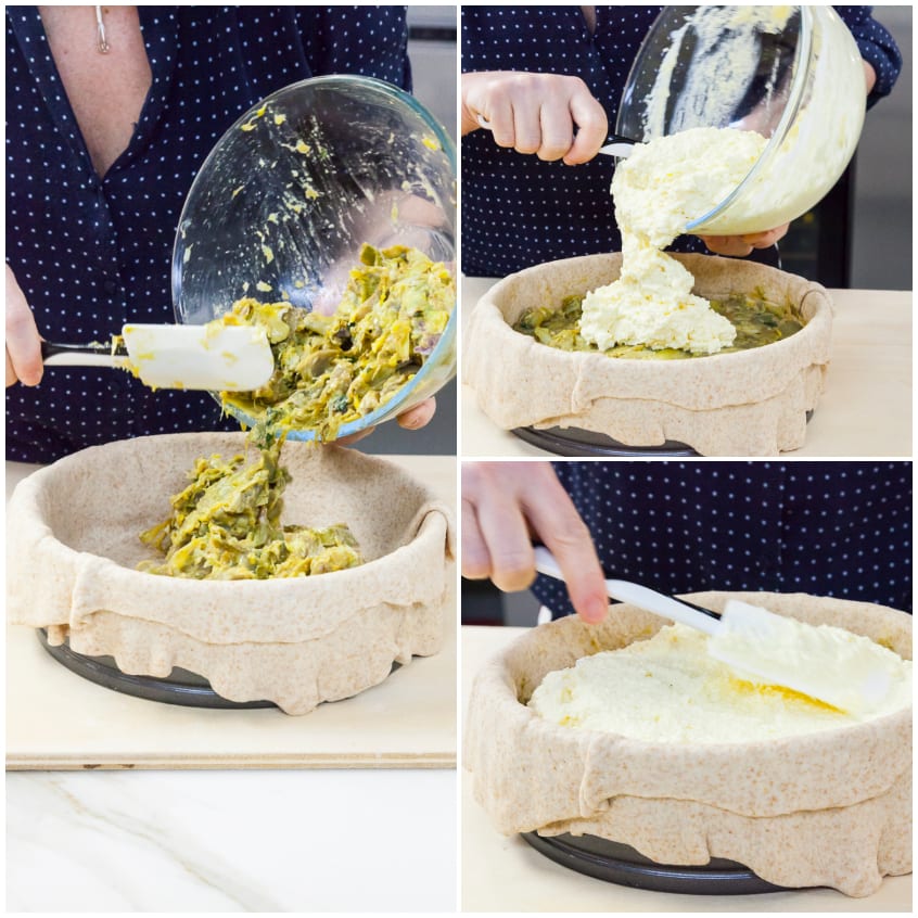 Farcitura di carciofi e crema di ricotta versate nel guscio di pasta per la torta pasqualina