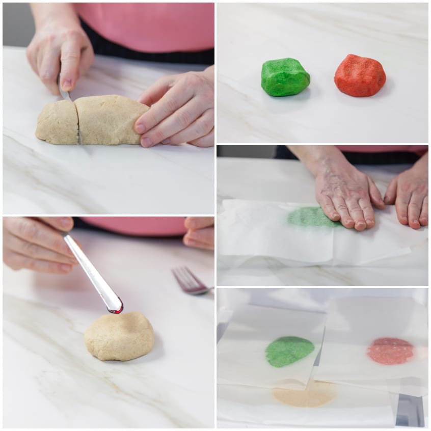Impasto per craquelin diviso e colorato in verde e rosso, poi appiattito tra carta da forno