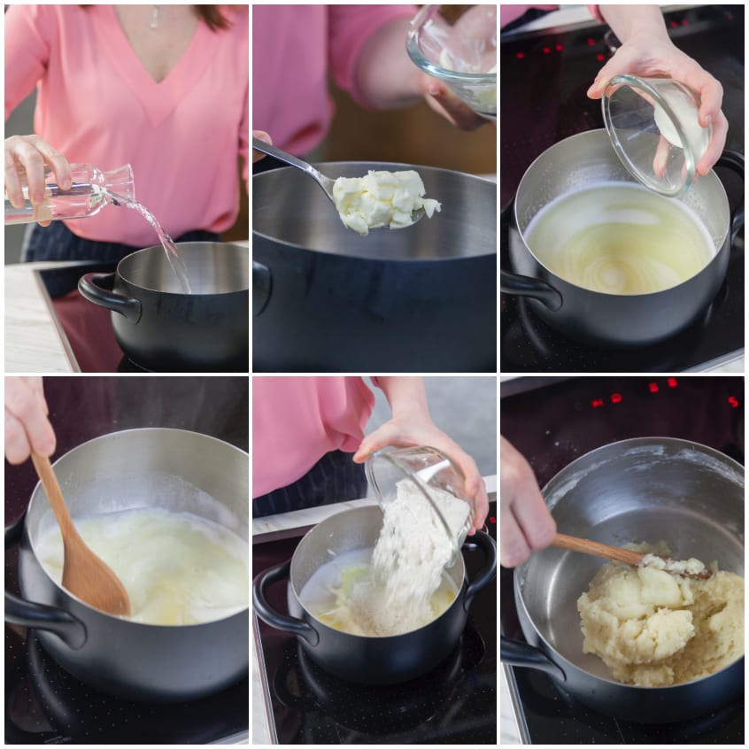 Preparazione della pasta choux: burro sciolto in acqua, aggiunta di farina e lavorazione del composto fino a compattarlo