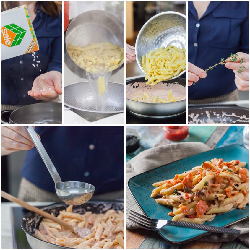 Collage di preparazione: pasta scolata, saltata in padella con salmone e panna, mantecata con acqua di cottura e impiattata