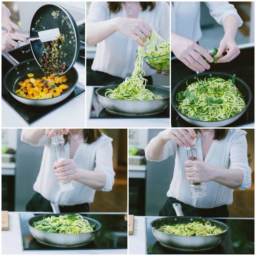 Spaghetti di zucchine saltati in padella con pomodorini, basilico fresco, sale e pepe