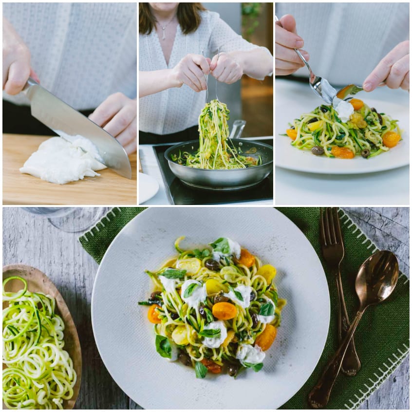 Spaghetti di zucchine impiattati con pomodorini gialli, olive e burrata in superficie