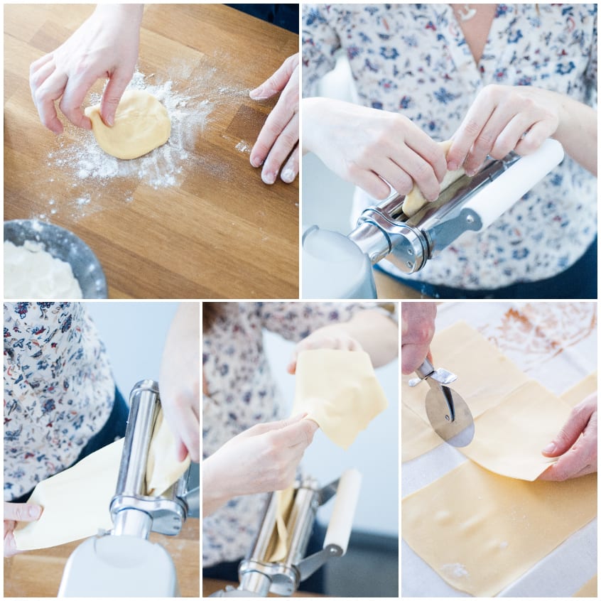 Mani che lavorano l'impasto, lo sfogliano con il tirapasta e tagliano rettangoli di pasta fresca