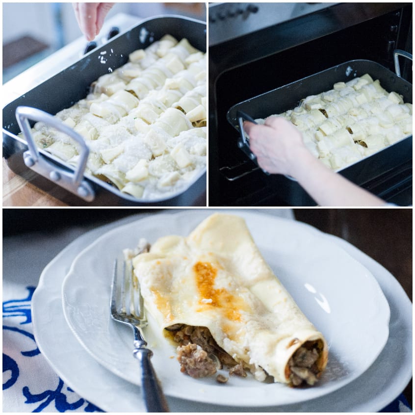 Cannelloni coperti di besciamella e taleggio pronti per essere infornati, poi serviti nel piatto con il ripieno di salsiccia e funghi