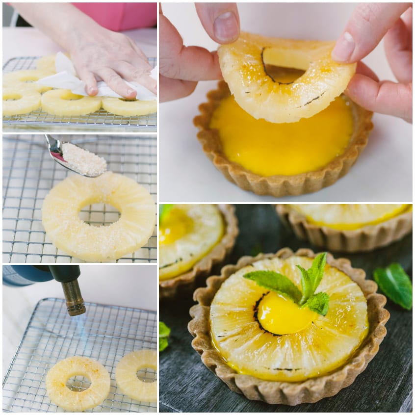 Fetta di ananas caramellata adagiata su una crostatina con crema gialla e foglioline di menta