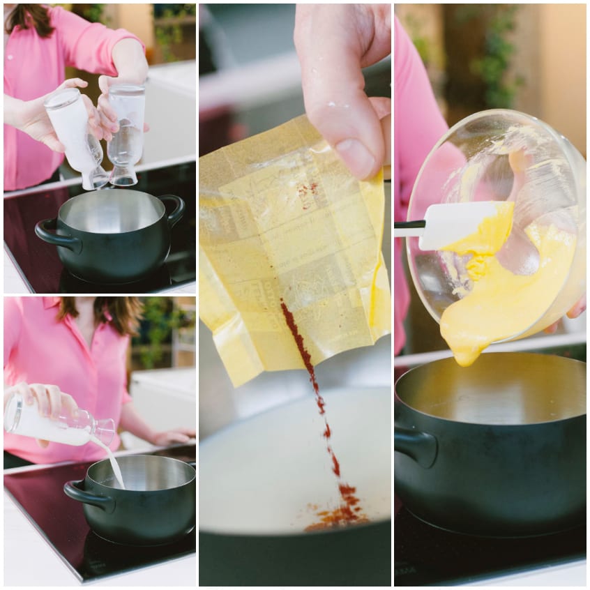 Preparazione della crema allo zafferano: si versano latte, panna e zafferano in pentola, poi si aggiungono i tuorli sbattuti