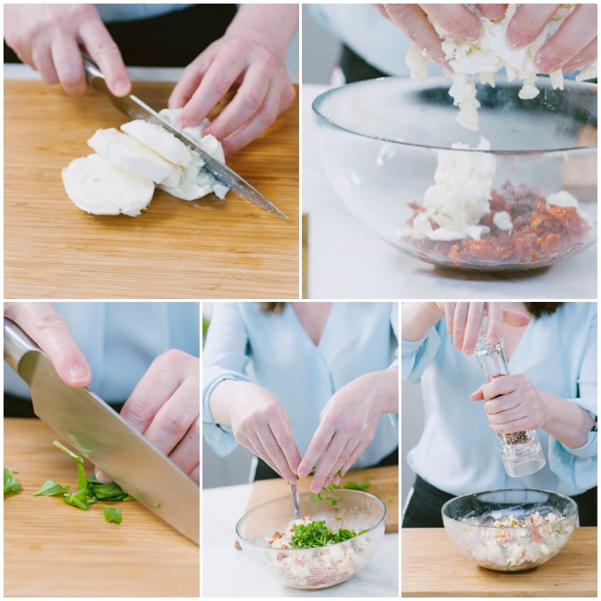 Preparazione del ripieno: mozzarella tritata unita ai pomodori secchi, basilico a chiffonade e pepe macinato