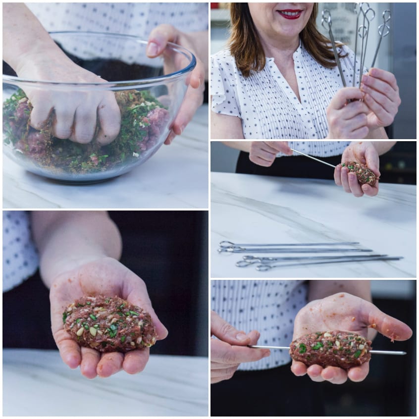 Mani che impastano il composto di carne con erbe e pinoli, poi formano una polpetta e la infilzano sullo spiedo