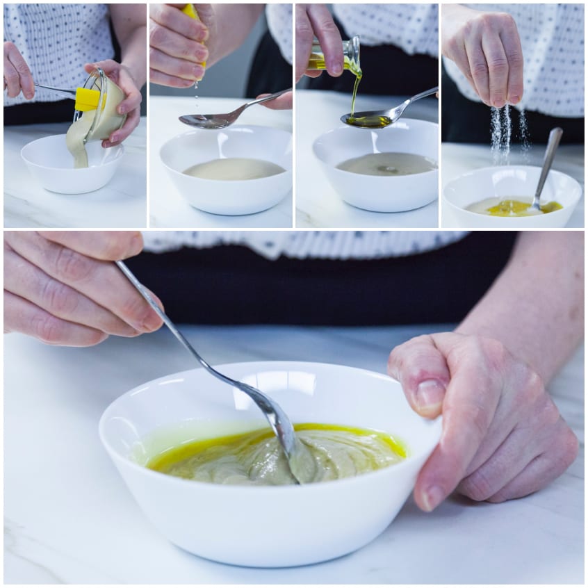 Salsa tahina preparata aggiungendo limone, olio e sale, poi mescolata con un cucchiaio