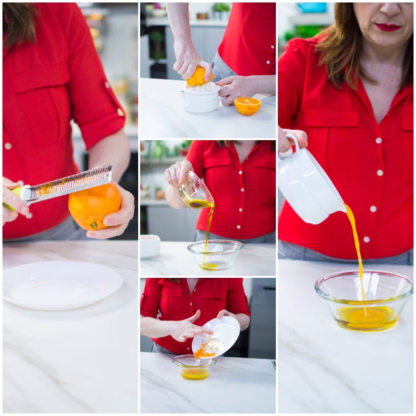 Preparazione dell'orangette: grattugia della scorza d'arancia, spremitura e unione con olio extravergine
