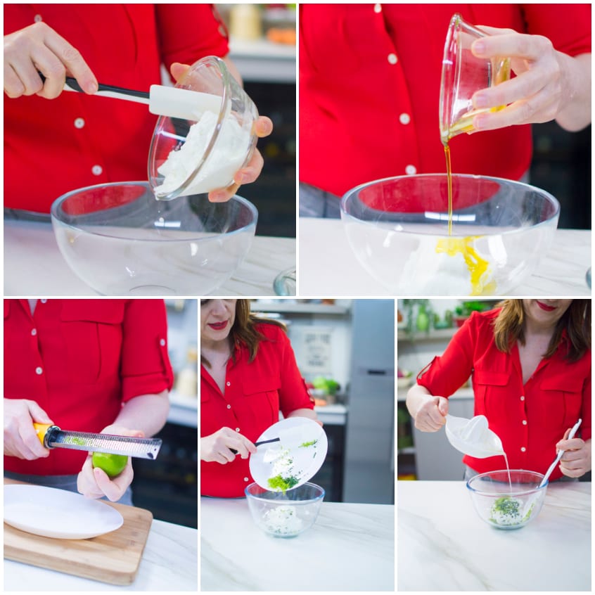 Preparazione della salsa allo yogurt greco con scorza di lime grattugiata ed erba cipollina