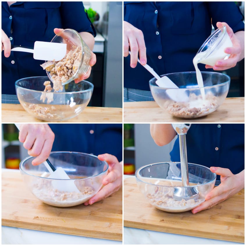 Tonno sminuzzato in una ciotola con panna versata, poi frullato con il mixer a immersione