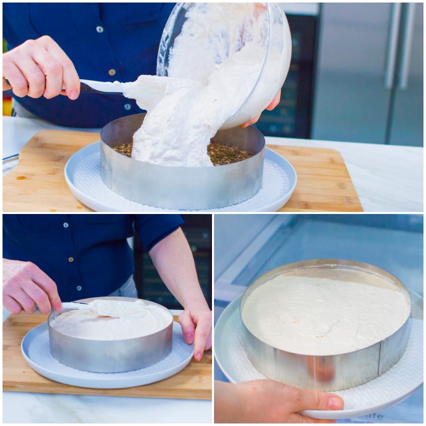 Mousse di tonno versata nel cerchio e livellata, poi messa in frigorifero a rassodare