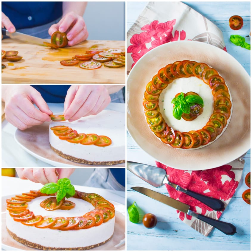 Fettine di pomodoro camone disposte a corolla sulla mousse di tonno, completate con foglie di basilico