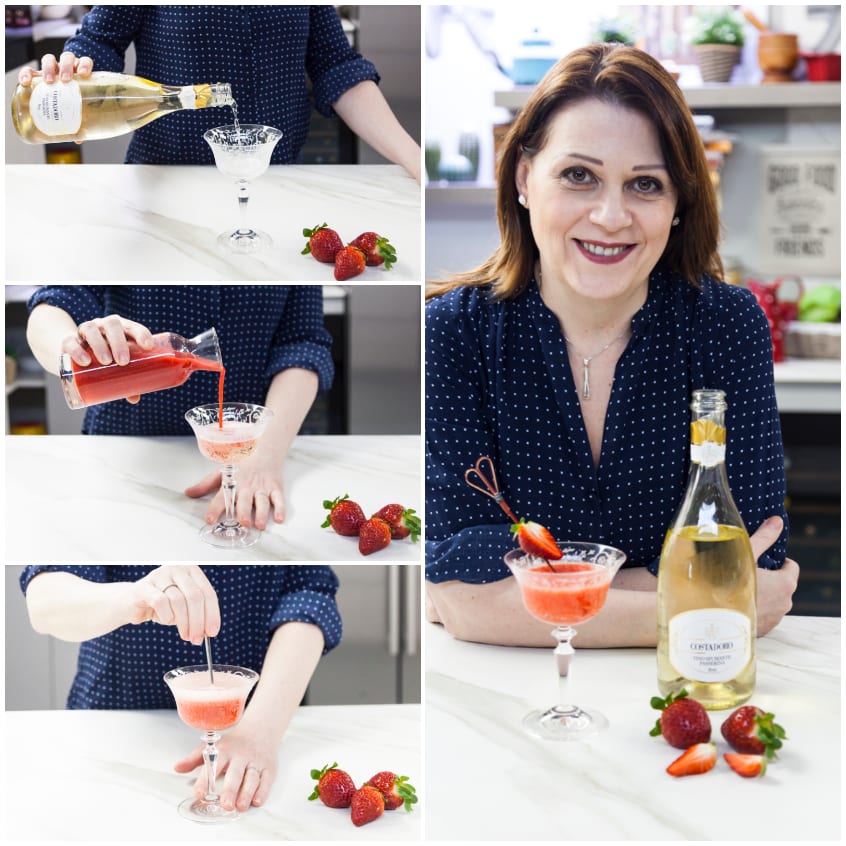 Preparazione del Rossini cocktail: purea di fragole versata nel bicchiere e mescolata con prosecco