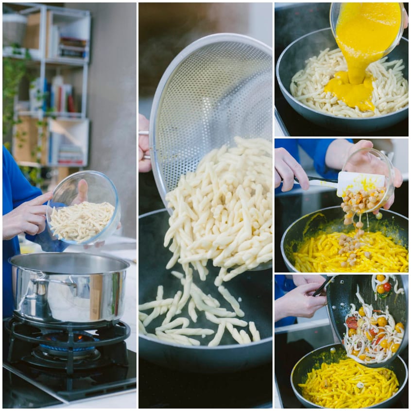 Strozzapreti scolati e saltati in padella con crema di zafferano, ceci e condimento di seppie