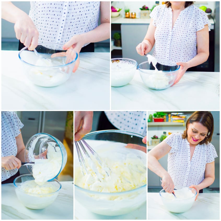 Crema densa a base di mascarpone montata a fruste in una ciotola fino a formare creste sode