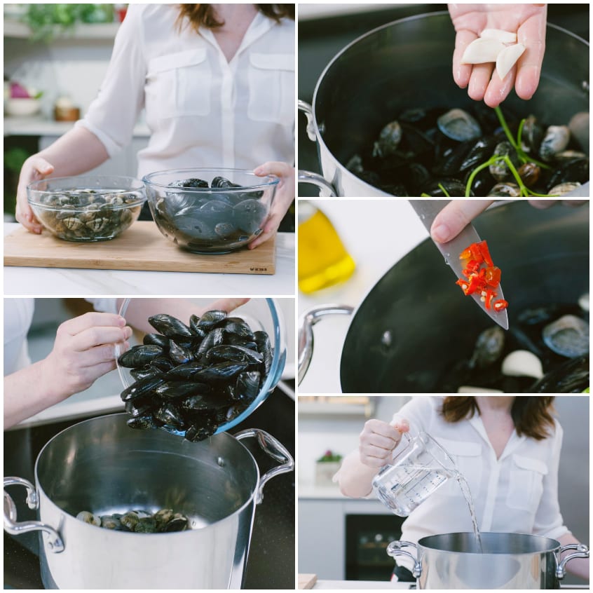 Cozze e vongole versate in pentola con aglio, peperoncino e acqua per aprirle