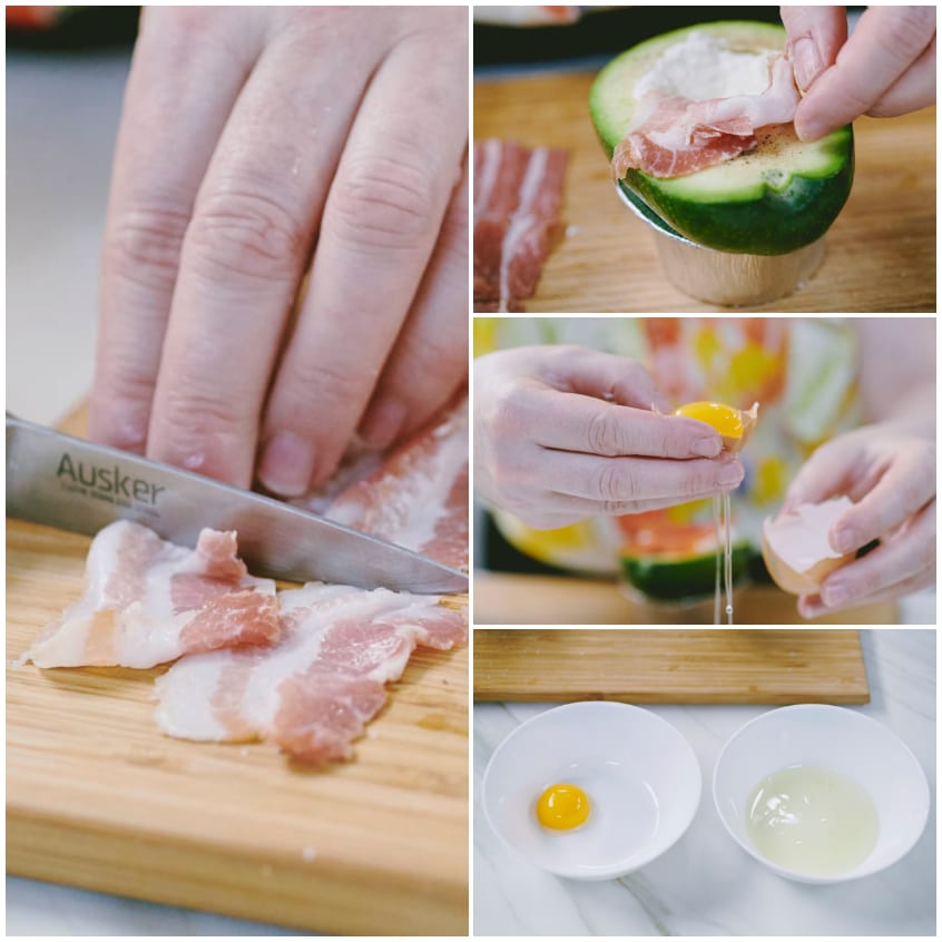 Bacon tagliato a pezzi, avocado farcito con caprino e bacon, uovo separato in tuorlo e albume